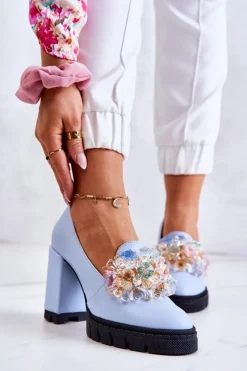 Damskie Boto Eleganckie Czółenka Z Ozdobą Gładkie Niebieskie Caterine