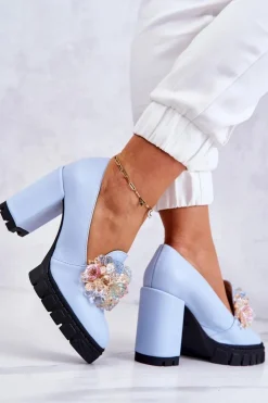 Damskie Boto Eleganckie Czółenka Z Ozdobą Gładkie Niebieskie Caterine