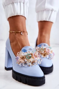 Damskie Boto Eleganckie Czółenka Z Ozdobą Gładkie Niebieskie Caterine