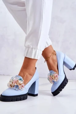 Damskie Boto Eleganckie Czółenka Z Ozdobą Gładkie Niebieskie Caterine