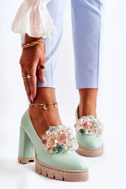 Boto Czółenka Na Platformie|Czółenka Na Słupku*Eleganckie Czółenka Z Ozdobą Gładkie Zielone Caterine