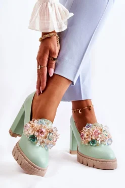 Boto Czółenka Na Platformie|Czółenka Na Słupku*Eleganckie Czółenka Z Ozdobą Gładkie Zielone Caterine