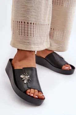 Best Damskie buty S.Barski Eleganckie Klapki Damskie Z Ozdobą Skóra Naturalna S.Barski KV27-015 Czarne