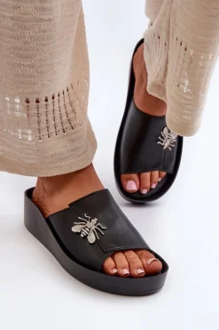 Best Damskie buty S.Barski Eleganckie Klapki Damskie Z Ozdobą Skóra Naturalna S.Barski KV27-015 Czarne