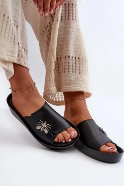 Best Damskie buty S.Barski Eleganckie Klapki Damskie Z Ozdobą Skóra Naturalna S.Barski KV27-015 Czarne