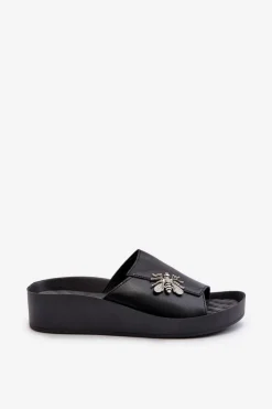 Best Damskie buty S.Barski Eleganckie Klapki Damskie Z Ozdobą Skóra Naturalna S.Barski KV27-015 Czarne