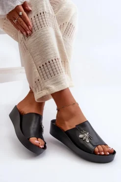 Best Damskie buty S.Barski Eleganckie Klapki Damskie Z Ozdobą Skóra Naturalna S.Barski KV27-015 Czarne