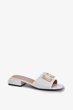 Buty damskie Vinceza Klapki Na Obcasie*Eleganckie Klapki Damskie Na Klocku Ze Złotym Detalem Vinceza 62229 Białe Biały