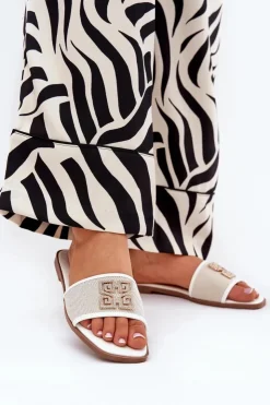 Damskie Boto Eleganckie Klapki Damskie Z Ozdobą Na Płaskim Obcasie Białe Lovehia