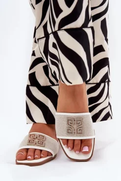 Damskie Boto Eleganckie Klapki Damskie Z Ozdobą Na Płaskim Obcasie Białe Lovehia