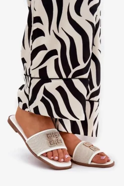 Damskie Boto Eleganckie Klapki Damskie Z Ozdobą Na Płaskim Obcasie Białe Lovehia