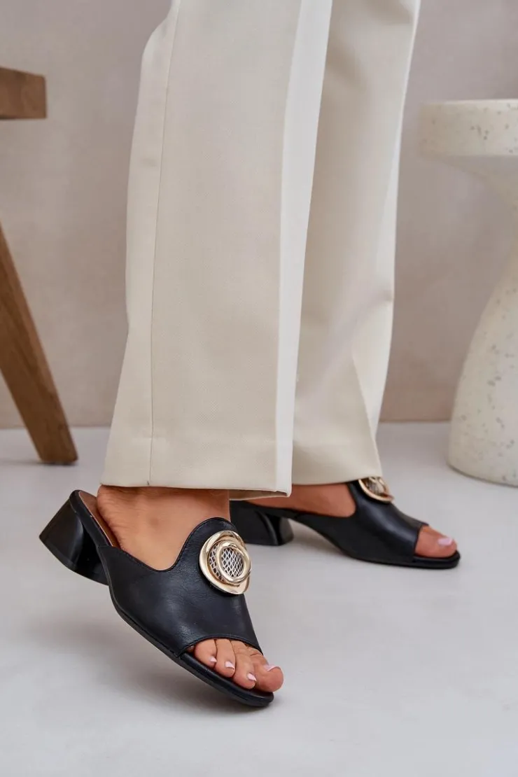 Clearance Boto Eleganckie Klapki Damskie Na Niskim Obcasie Z Ozdobą Czarne Feledis