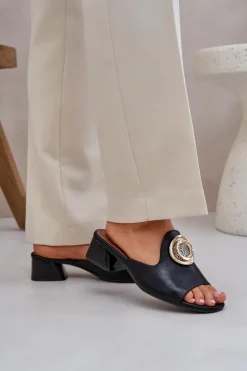 Clearance Boto Eleganckie Klapki Damskie Na Niskim Obcasie Z Ozdobą Czarne Feledis