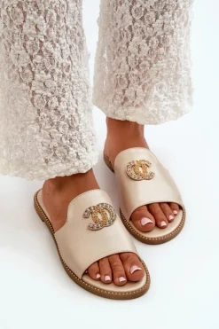 Damskie buty S.Barski Klapki Damskie Klasyczne*Eleganckie Klapki Damskie Błyszczące Z Ozdobą S.Barski KV27-050 Złote Złoty