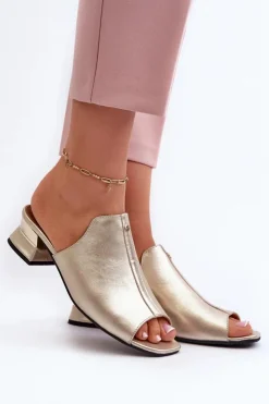 Damskie Maciejka Eleganckie Klapki Damskie Ze Skóry Naturalnej Na Niskim Obcasie 06360-25 Złote