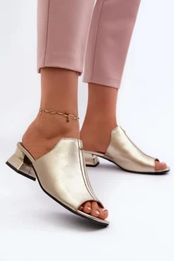 Damskie Maciejka Eleganckie Klapki Damskie Ze Skóry Naturalnej Na Niskim Obcasie 06360-25 Złote