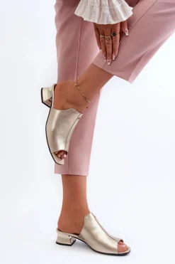 Damskie Maciejka Eleganckie Klapki Damskie Ze Skóry Naturalnej Na Niskim Obcasie 06360-25 Złote