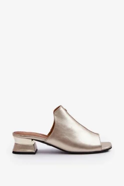 Damskie Maciejka Eleganckie Klapki Damskie Ze Skóry Naturalnej Na Niskim Obcasie 06360-25 Złote