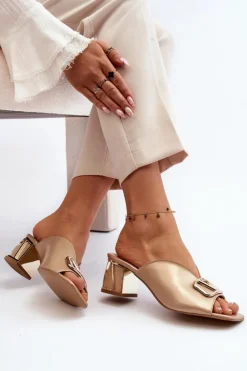 Laura Messi Klapki Na Obcasie|Klapki Damskie Klasyczne*Eleganckie Klapki Damskie Na Obcasie 2771 Złote Złoty