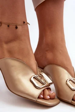 Laura Messi Klapki Na Obcasie|Klapki Damskie Klasyczne*Eleganckie Klapki Damskie Na Obcasie 2771 Złote Złoty