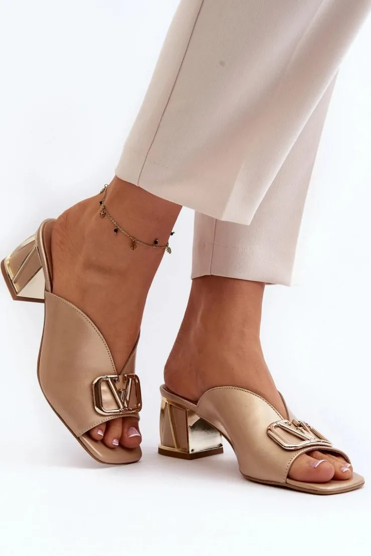 Laura Messi Klapki Na Obcasie|Klapki Damskie Klasyczne*Eleganckie Klapki Damskie Na Obcasie 2771 Złote Złoty