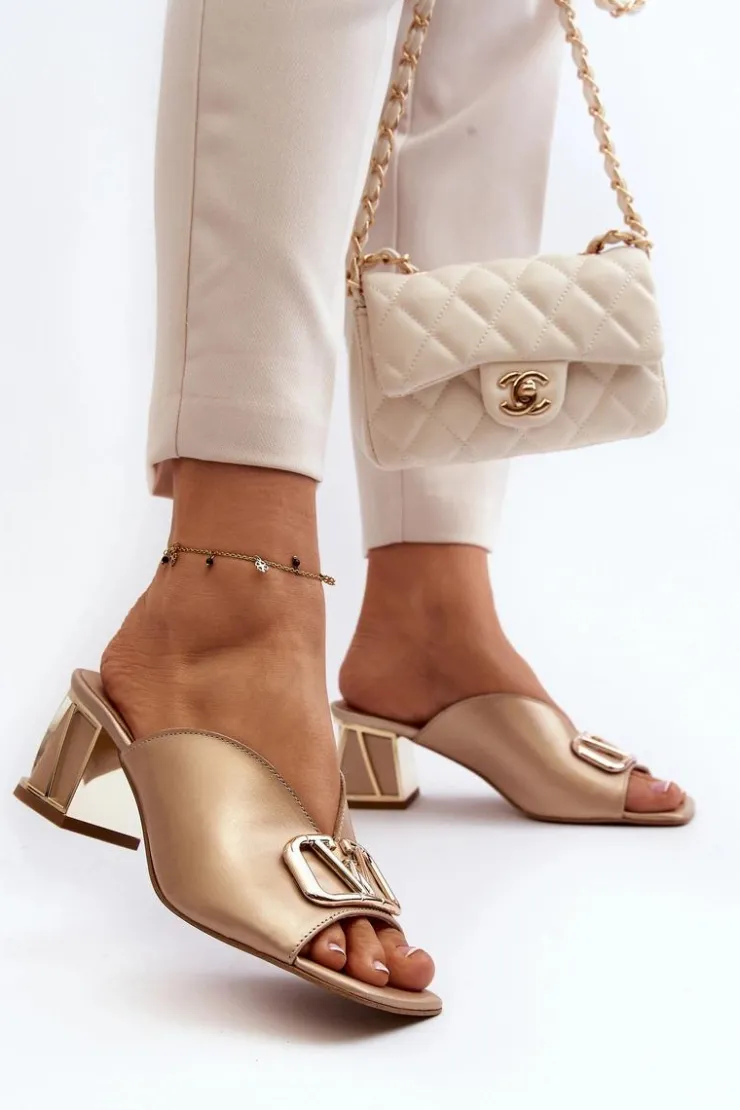 Laura Messi Klapki Na Obcasie|Klapki Damskie Klasyczne*Eleganckie Klapki Damskie Na Obcasie 2771 Złote Złoty