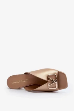 Laura Messi Klapki Na Obcasie|Klapki Damskie Klasyczne*Eleganckie Klapki Damskie Na Obcasie 2771 Złote Złoty