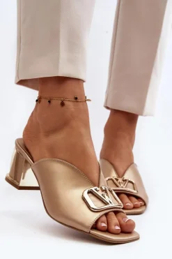 Laura Messi Klapki Na Obcasie|Klapki Damskie Klasyczne*Eleganckie Klapki Damskie Na Obcasie 2771 Złote Złoty