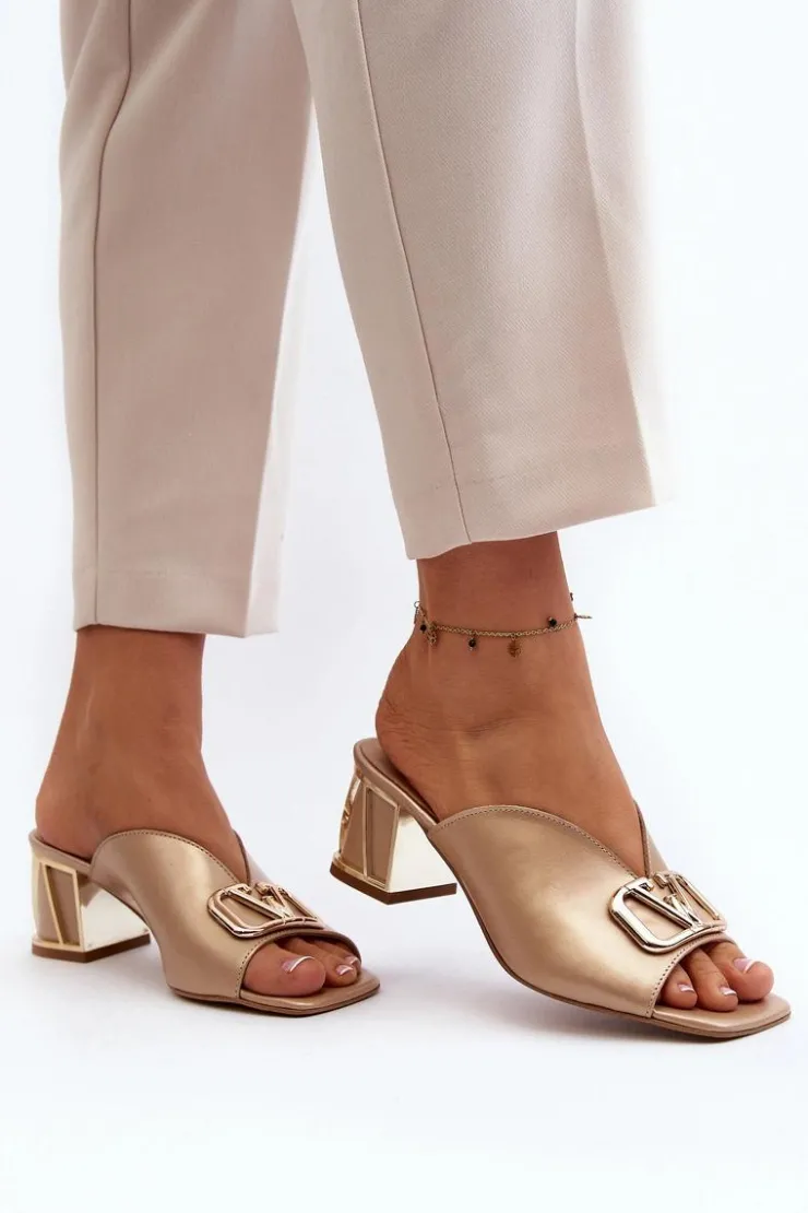 Laura Messi Klapki Na Obcasie|Klapki Damskie Klasyczne*Eleganckie Klapki Damskie Na Obcasie 2771 Złote Złoty