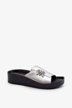 Damskie Damskie buty S.Barski Eleganckie Klapki Damskie Z Ozdobą Skóra Naturalna S.Barski KV27-015 Srebrne