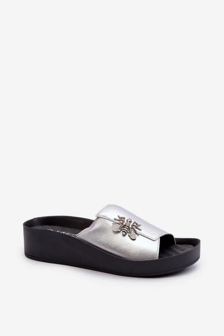 Damskie Damskie buty S.Barski Eleganckie Klapki Damskie Z Ozdobą Skóra Naturalna S.Barski KV27-015 Srebrne