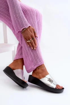 Damskie Damskie buty S.Barski Eleganckie Klapki Damskie Z Ozdobą Skóra Naturalna S.Barski KV27-015 Srebrne