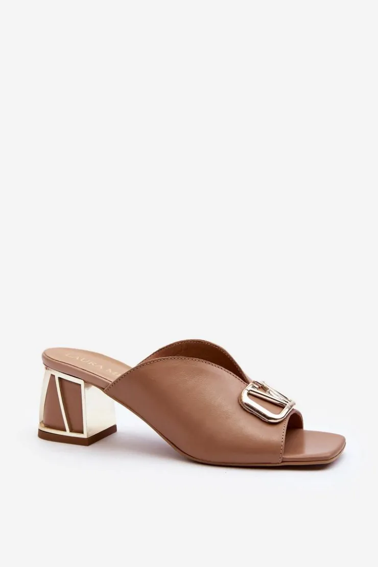 Damskie Laura Messi Eleganckie Klapki Damskie Na Obcasie 2771 Beżowe