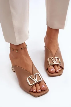 Damskie Laura Messi Eleganckie Klapki Damskie Na Obcasie 2771 Beżowe