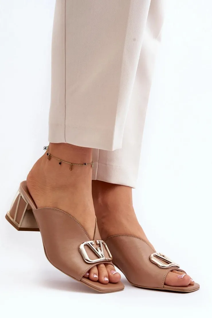 Damskie Laura Messi Eleganckie Klapki Damskie Na Obcasie 2771 Beżowe