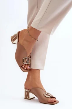 Damskie Laura Messi Eleganckie Klapki Damskie Na Obcasie 2771 Beżowe