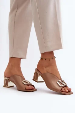 Damskie Laura Messi Eleganckie Klapki Damskie Na Obcasie 2771 Beżowe