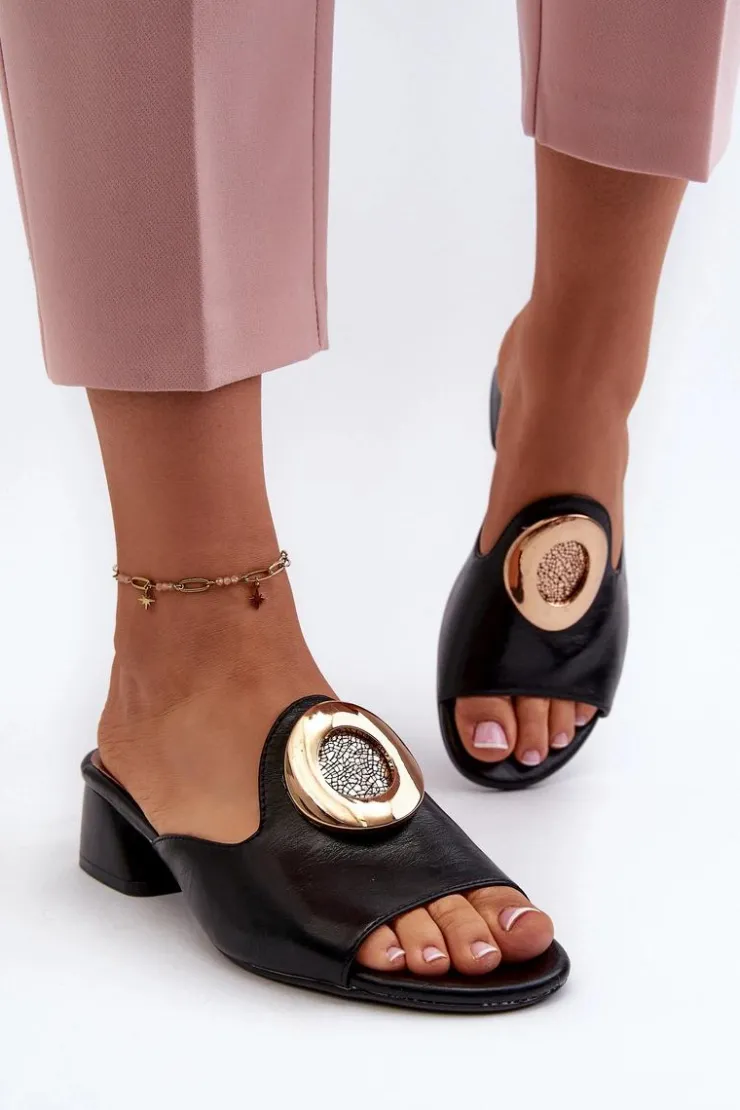 Boto Klapki Na Obcasie|Klapki Damskie Klasyczne*Eleganckie Klapki Damskie Na Niskim Obcasie Ze Złotą Ozdobą Czarne Uzimila