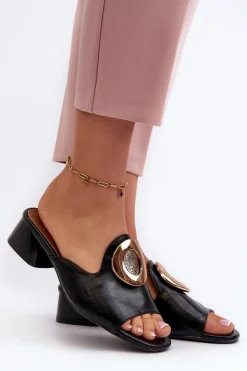 Boto Klapki Na Obcasie|Klapki Damskie Klasyczne*Eleganckie Klapki Damskie Na Niskim Obcasie Ze Złotą Ozdobą Czarne Uzimila