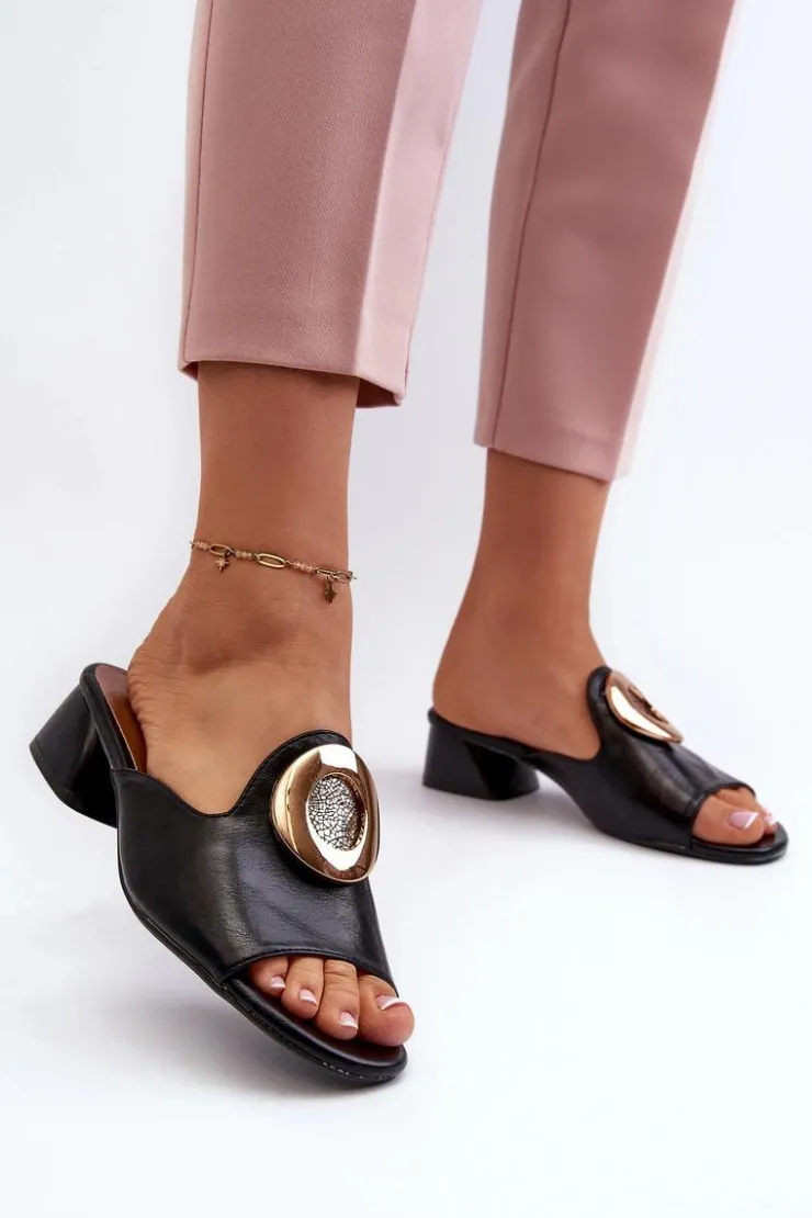 Boto Klapki Na Obcasie|Klapki Damskie Klasyczne*Eleganckie Klapki Damskie Na Niskim Obcasie Ze Złotą Ozdobą Czarne Uzimila