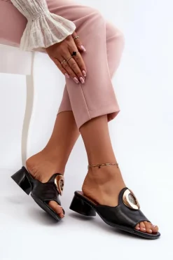 Boto Klapki Na Obcasie|Klapki Damskie Klasyczne*Eleganckie Klapki Damskie Na Niskim Obcasie Ze Złotą Ozdobą Czarne Uzimila