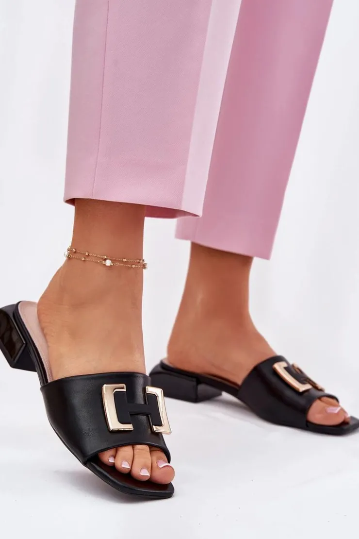 Hot Buty damskie Vinceza Eleganckie Klapki Damskie Na Klocku Ze Złotym Detalem Vinceza 62229 Czarne Czarny