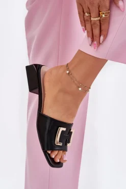 Hot Buty damskie Vinceza Eleganckie Klapki Damskie Na Klocku Ze Złotym Detalem Vinceza 62229 Czarne Czarny