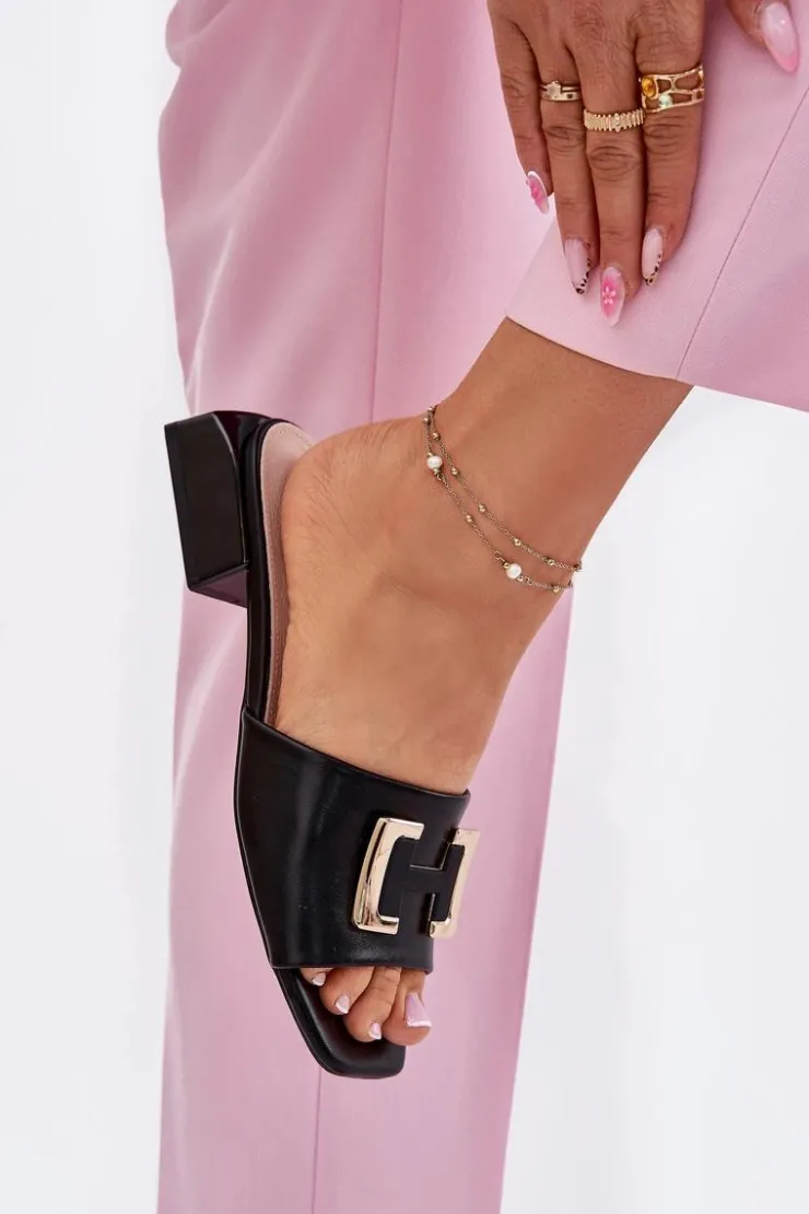 Hot Buty damskie Vinceza Eleganckie Klapki Damskie Na Klocku Ze Złotym Detalem Vinceza 62229 Czarne Czarny