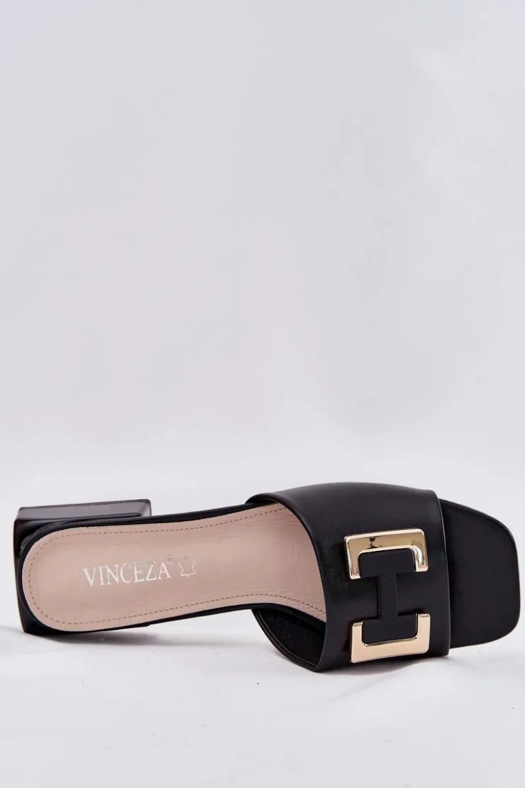 Hot Buty damskie Vinceza Eleganckie Klapki Damskie Na Klocku Ze Złotym Detalem Vinceza 62229 Czarne Czarny