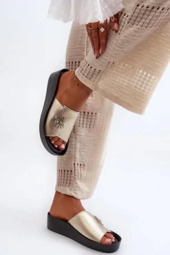 Damskie buty S.Barski Klapki Na Koturnie|Klapki Na Platformie*Eleganckie Klapki Damskie Z Ozdobą Skóra Naturalna S.Barski KV27-015 Złote