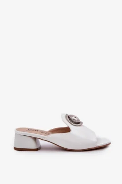 New Boto Eleganckie Klapki Damskie Na Niskim Obcasie Z Ozdobą Białe Feledis