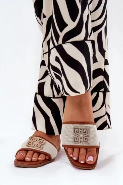 Boto Klapki Damskie Klasyczne*Eleganckie Klapki Damskie Z Ozdobą Na Płaskim Obcasie Camel Lovehia Brązowy