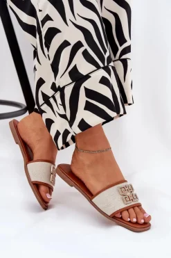 Boto Klapki Damskie Klasyczne*Eleganckie Klapki Damskie Z Ozdobą Na Płaskim Obcasie Camel Lovehia Brązowy