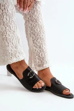 Damskie Damskie buty S.Barski Eleganckie Klapki Damskie Błyszczące Z Ozdobą S.Barski KV27-050 Czarne